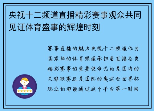 央视十二频道直播精彩赛事观众共同见证体育盛事的辉煌时刻
