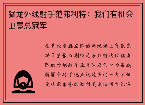 猛龙外线射手范弗利特：我们有机会卫冕总冠军